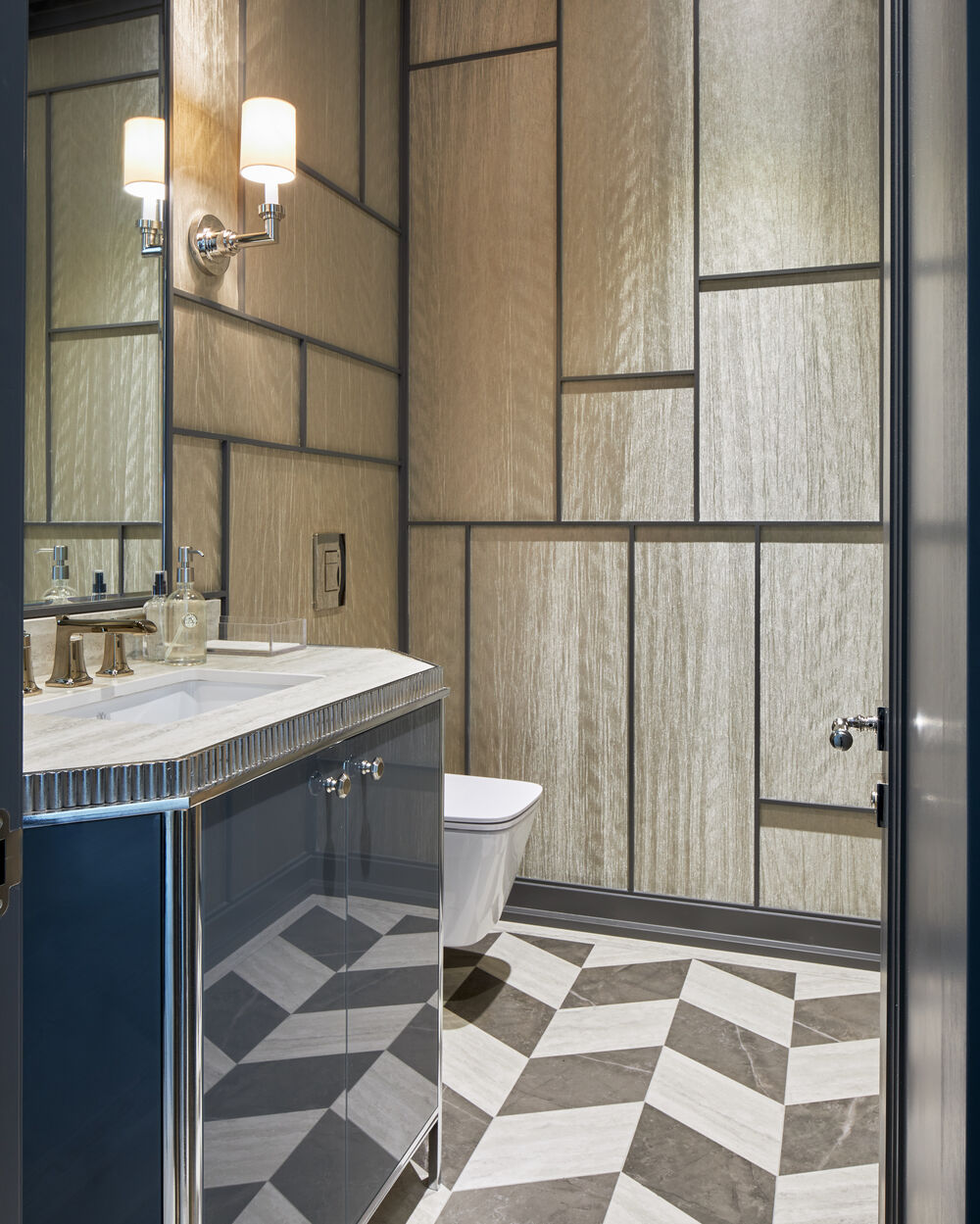 Bold powder room with graphic design details
