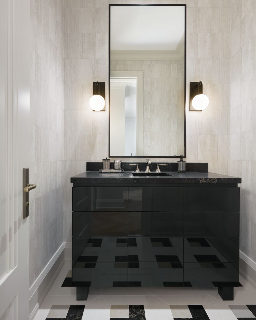 GlucksteinElements Limestone wallpaper and Orly sconce lights