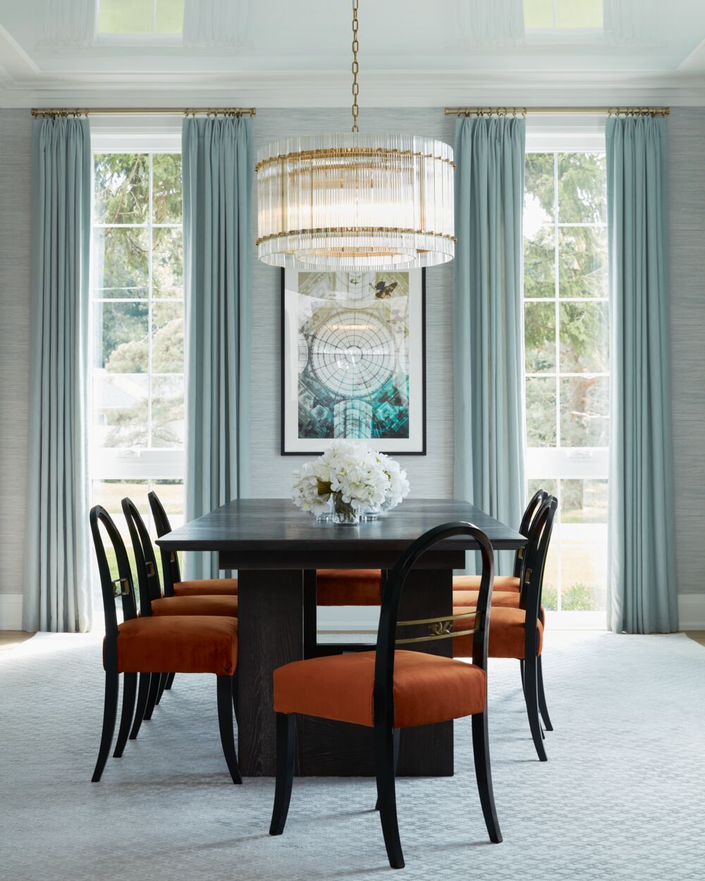 Blue dining room GlucksteinElements Faux Grasscloth wallpaper